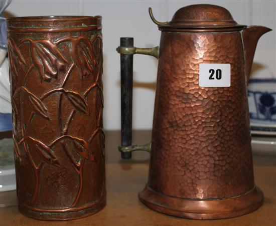 Loveridge copper coffee pot and Art Nouveau copper vase